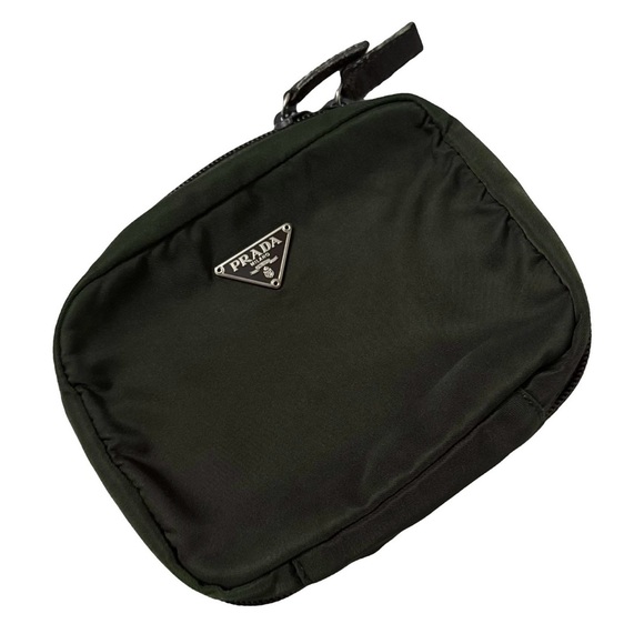 Prada AUTHENTIC Nylon Army Green Brown Green Logo Triangle Pouch Makeup Bag - Picture 1 of 16